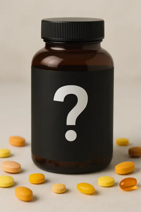 Schwarze Multivitamin Tabletten Dose mit Fragezeichen und losen Tabletten – Symbol für die Unsicherheit bei der Wahl des richtigen Präparats