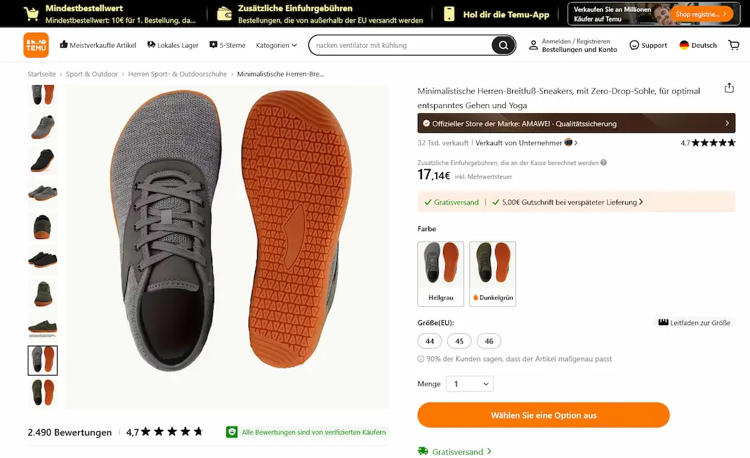 Screenshot der Temu-Produktseite: Barfußschuhe mit 4,7 Sternen und über 34.000 Verkäufen